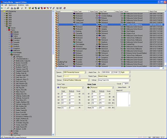 Matches for Richmond for the 2001 Premiership Season with details of the Round 6 match